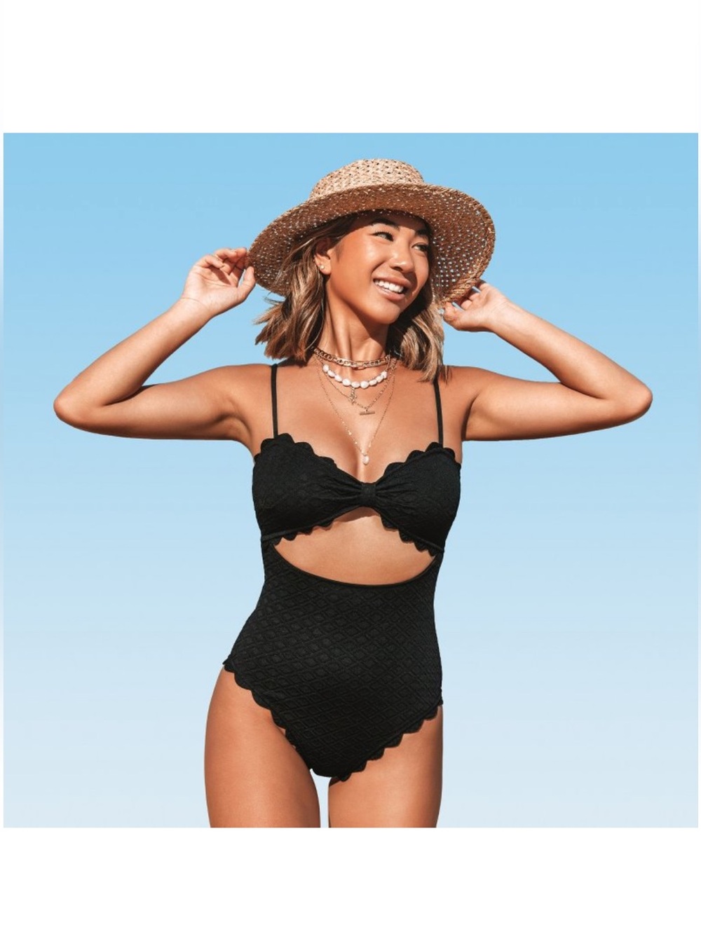 Cupshe Women's Cutout Scallop Trim One Piece Swimsuit-Black XL